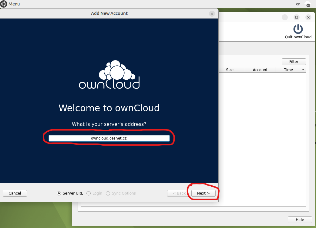 Zadání adresy ownCloud serveru